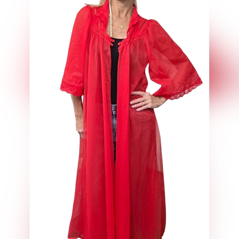 Vintage 70s Red Sheer Peignoir Robe Lace Long Romantic Duster